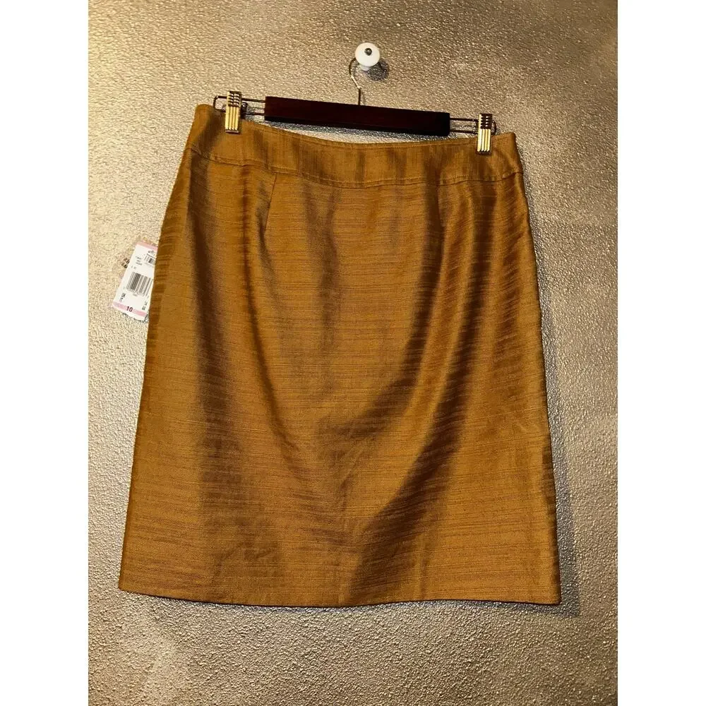 AK Anne Klein Skirt 10 Mustard Linen Cotton Button Front Pencil Lined NWT Career